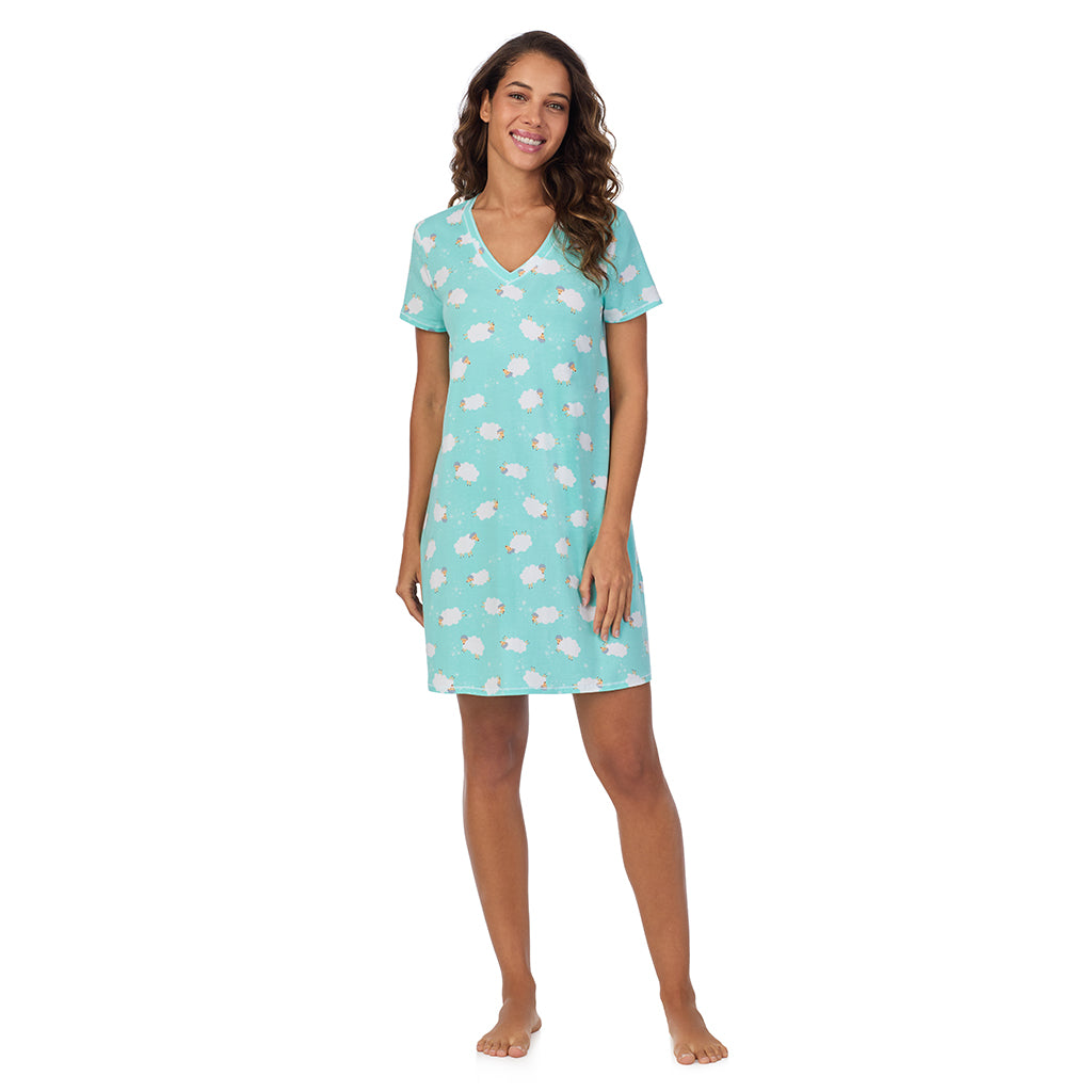 Sheep; Model is wearing size S. She is 5’9”, Bust 34”, Waist 23”, Hips 35”. @A lady wearing Cotton-Blend Short Sleeve V-Neck Sleep Shirt