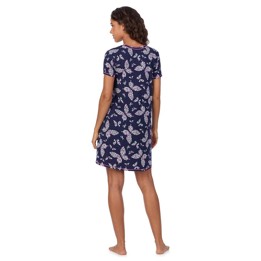 Navy Butterfly Floral; Model is wearing size S. She is 5’9”, Bust 34”, Waist 23”, Hips 35”. @A lady wearing Cotton-Blend Short Sleeve V-Neck Sleep Shirt