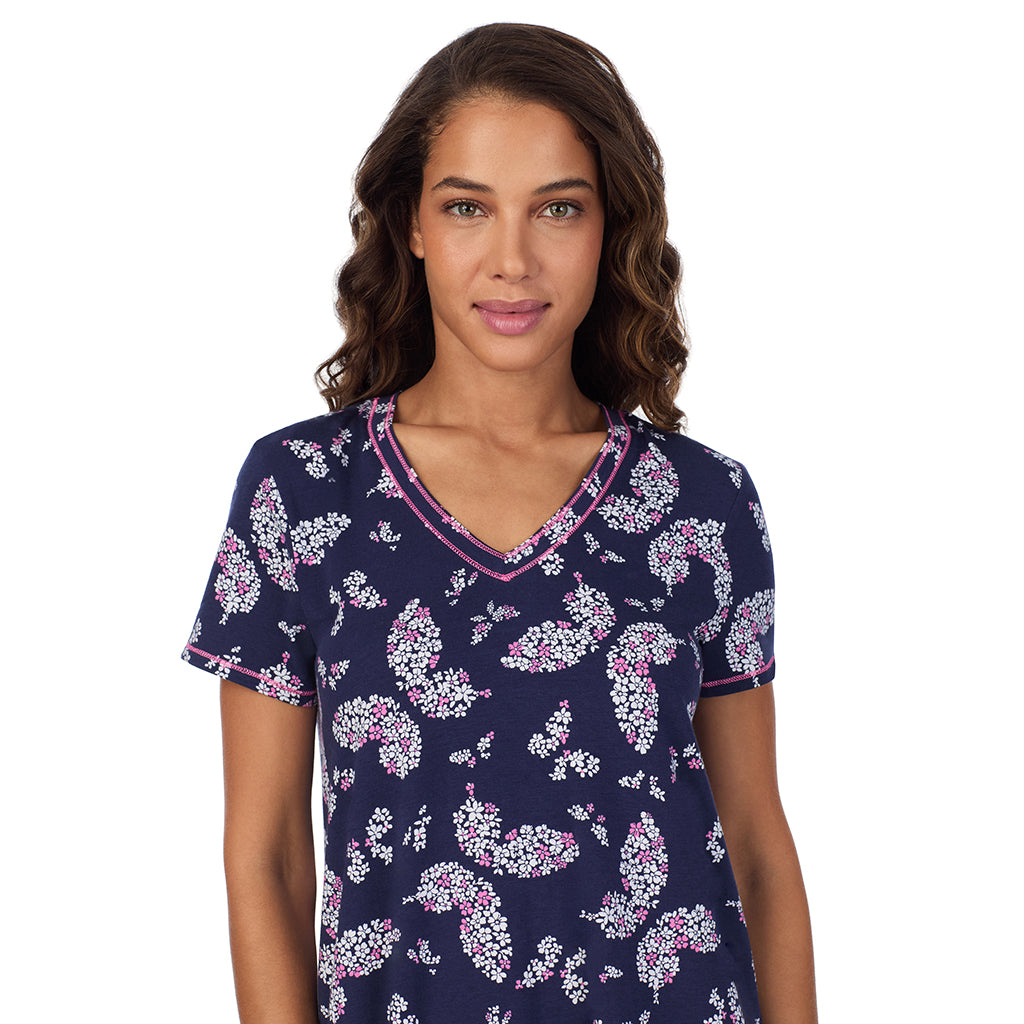 Navy Butterfly Floral; Model is wearing size S. She is 5’9”, Bust 34”, Waist 23”, Hips 35”. @A lady wearing Cotton-Blend Short Sleeve V-Neck Sleep Shirt