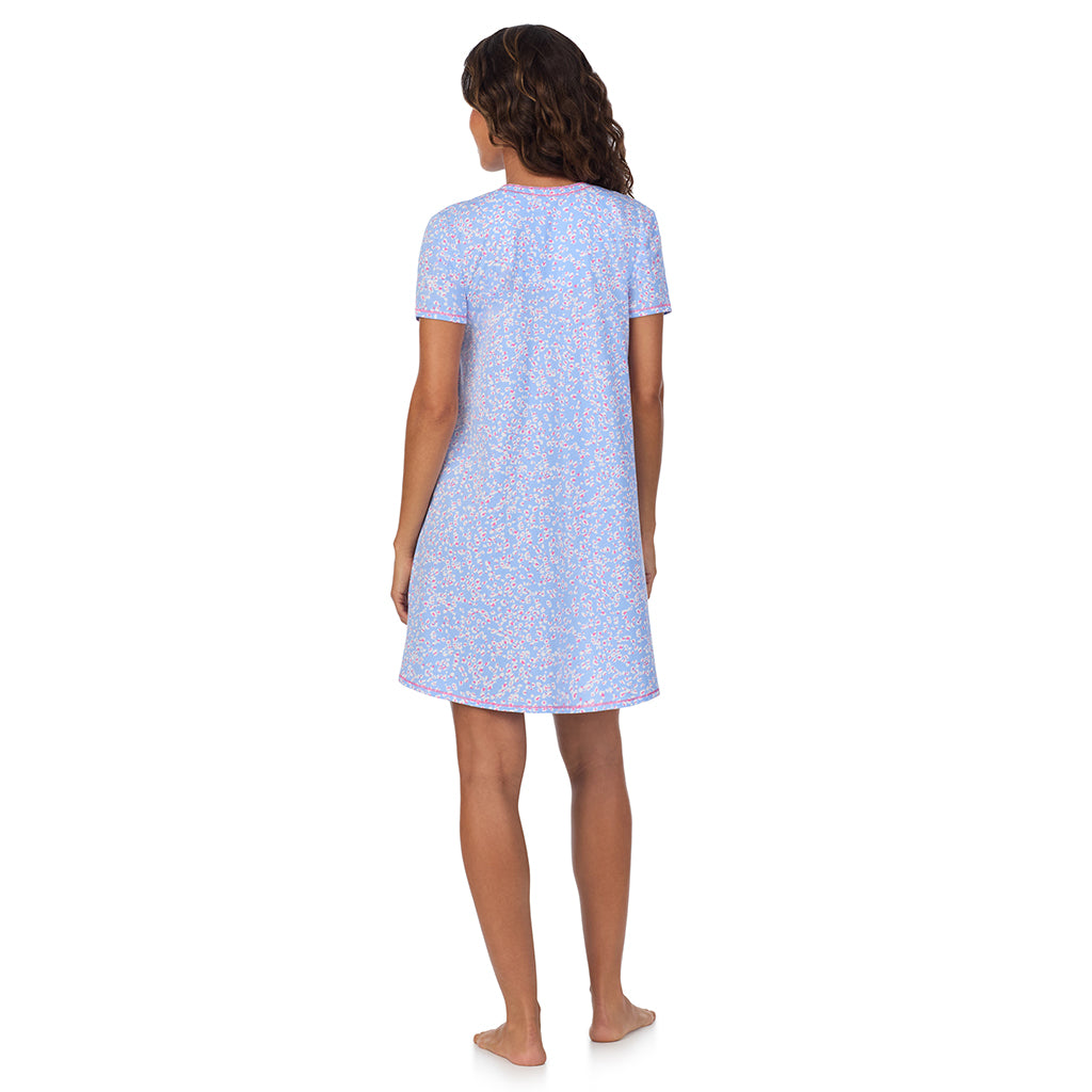 Peri Animal; Model is wearing size S. She is 5’9”, Bust 34”, Waist 23”, Hips 35”. @A lady wearing Cotton-Blend Short Sleeve V-Neck Sleep Shirt