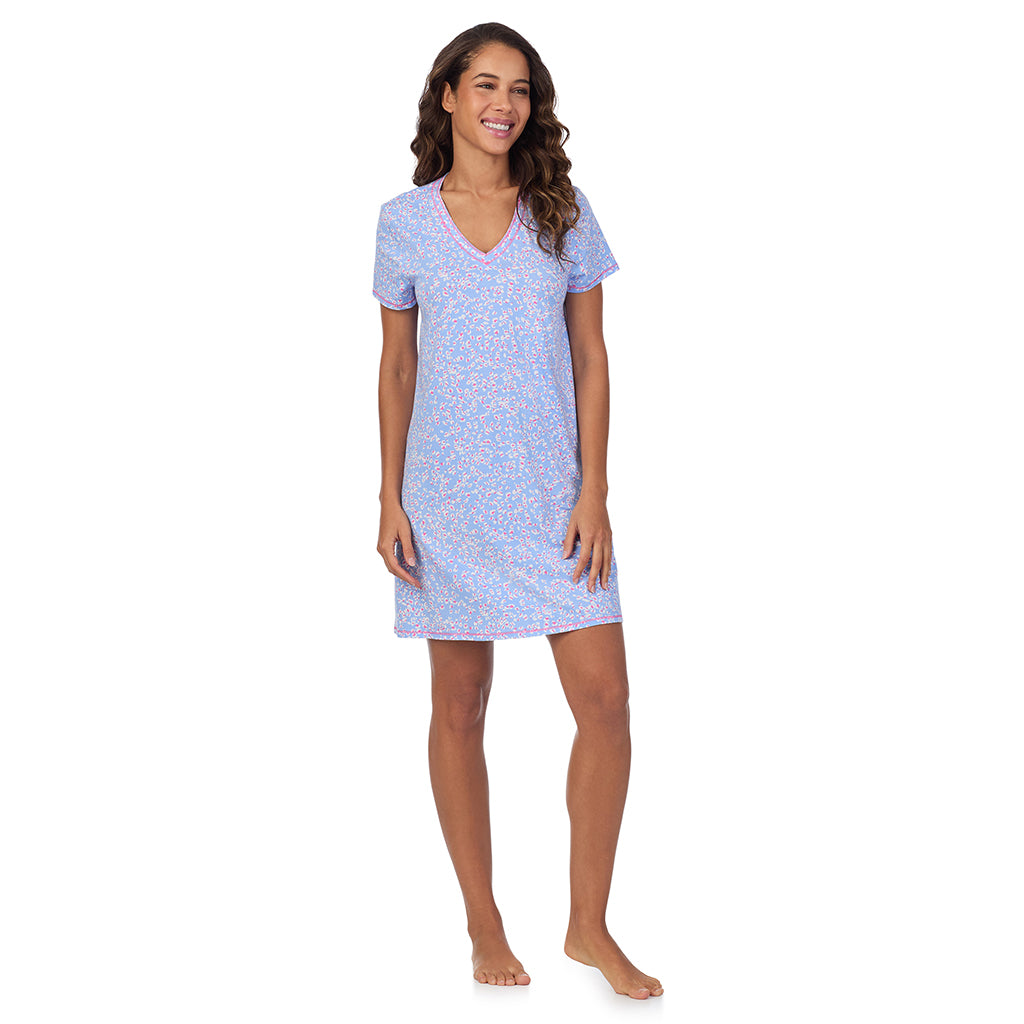 Peri Animal; Model is wearing size S. She is 5’9”, Bust 34”, Waist 23”, Hips 35”. @A lady wearing Cotton-Blend Short Sleeve V-Neck Sleep Shirt