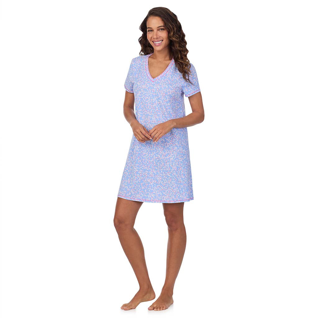 A lady wearing Cotton-Blend Short Sleeve V-Neck Sleep Shirt