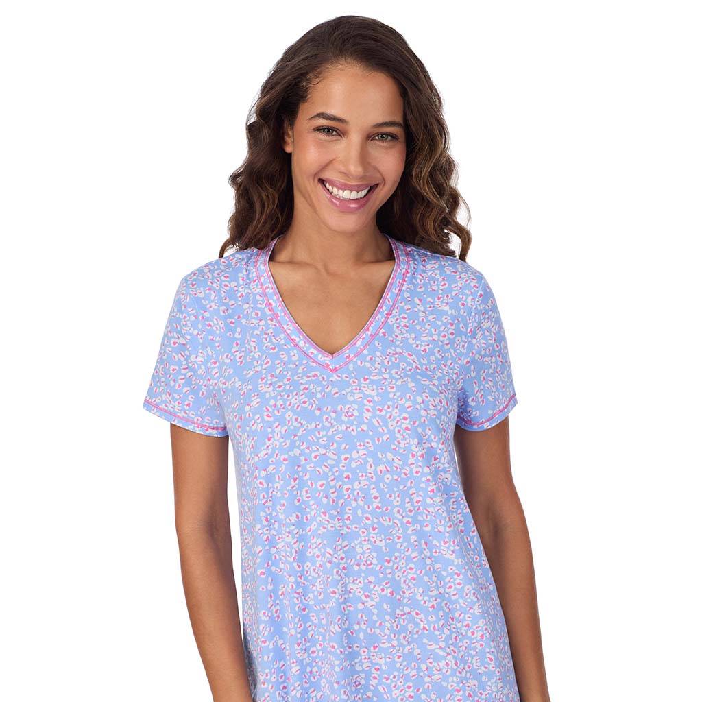 Peri Animal; Model is wearing size S. She is 5’9”, Bust 34”, Waist 23”, Hips 35”. @A lady wearing Cotton-Blend Short Sleeve V-Neck Sleep Shirt