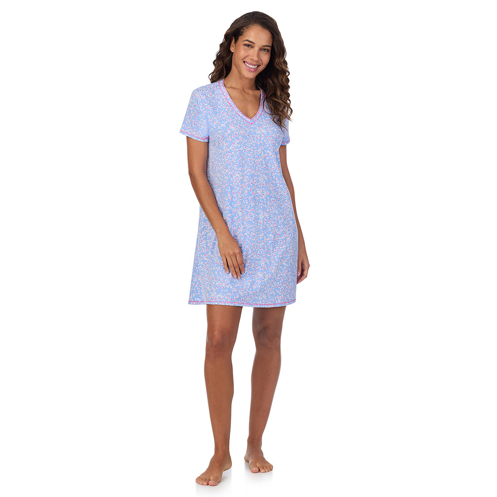 Peri Animal; Model is wearing size S. She is 5’9”, Bust 34”, Waist 23”, Hips 35”. @A lady wearing Cotton-Blend Short Sleeve V-Neck Sleep Shirt