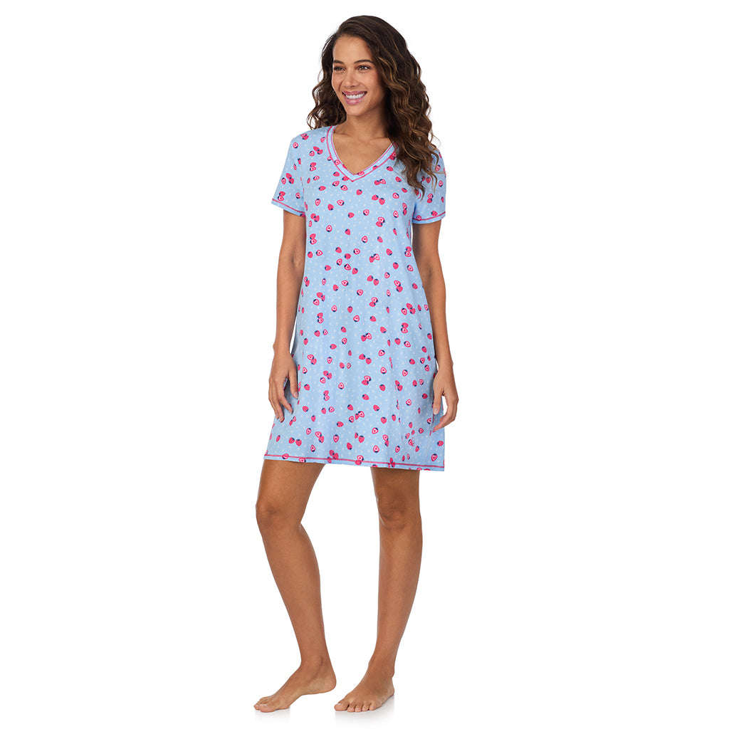 Strawberry; Model is wearing size S. She is 5’9”, Bust 34”, Waist 23”, Hips 35”. @A lady wearing Cotton-Blend Short Sleeve V-Neck Sleep Shirt