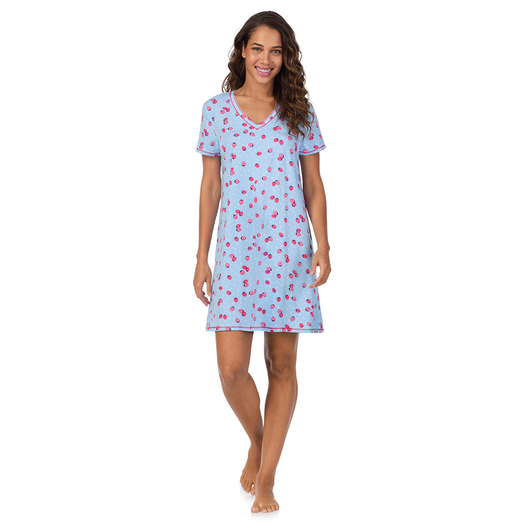 Strawberry; Model is wearing size S. She is 5’9”, Bust 34”, Waist 23”, Hips 35”. @A lady wearing Cotton-Blend Short Sleeve V-Neck Sleep Shirt
