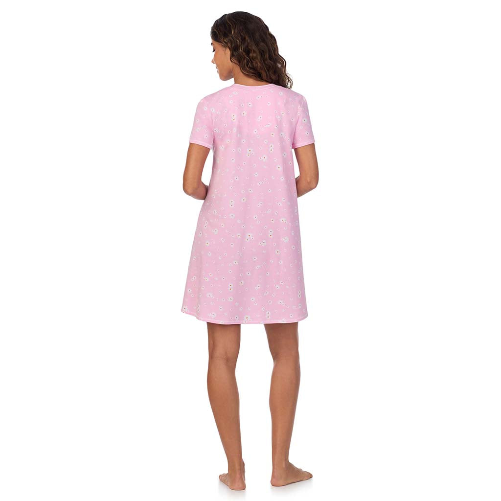 Pink Daisy; Model is wearing size S. She is 5’9”, Bust 34”, Waist 23”, Hips 35”. @A lady wearing Cotton-Blend Short Sleeve V-Neck Sleep Shirt