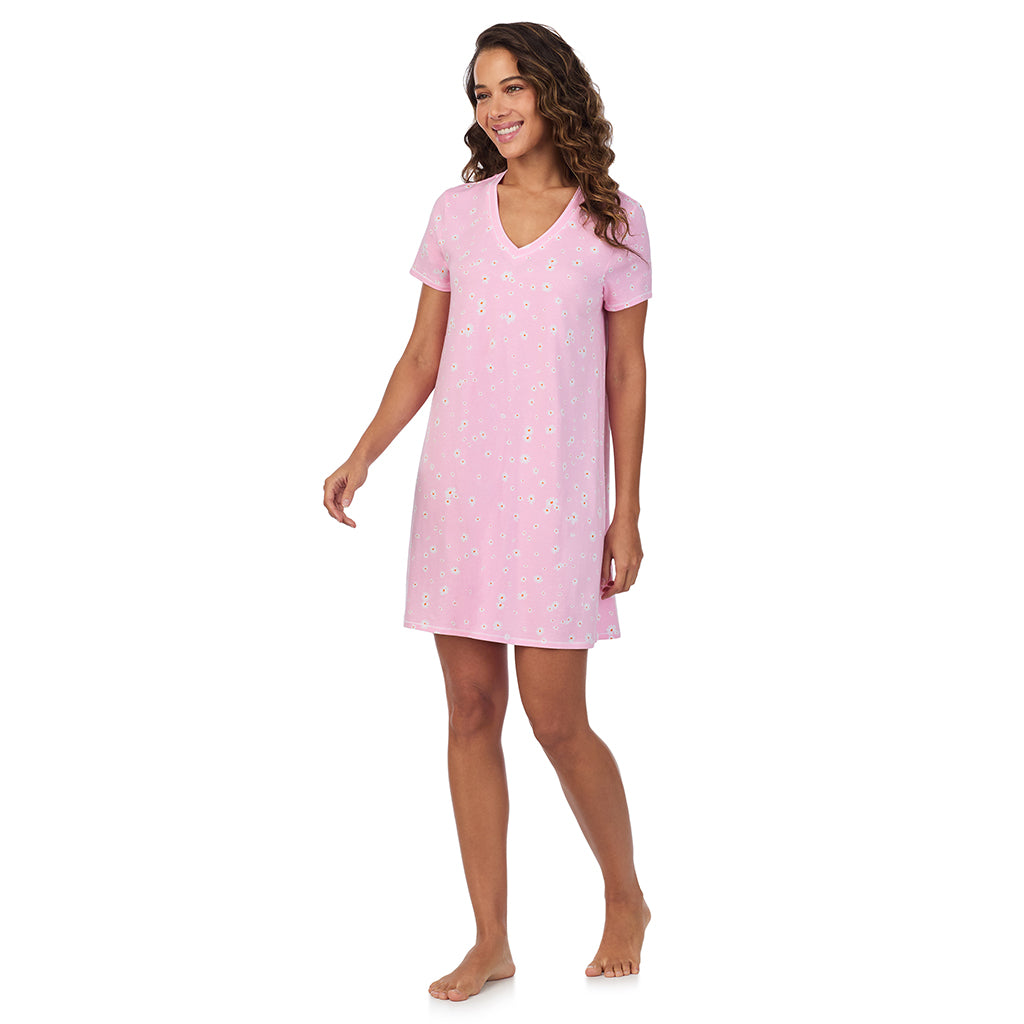 Pink Daisy; Model is wearing size S. She is 5’9”, Bust 34”, Waist 23”, Hips 35”. @A lady wearing Cotton-Blend Short Sleeve V-Neck Sleep Shirt