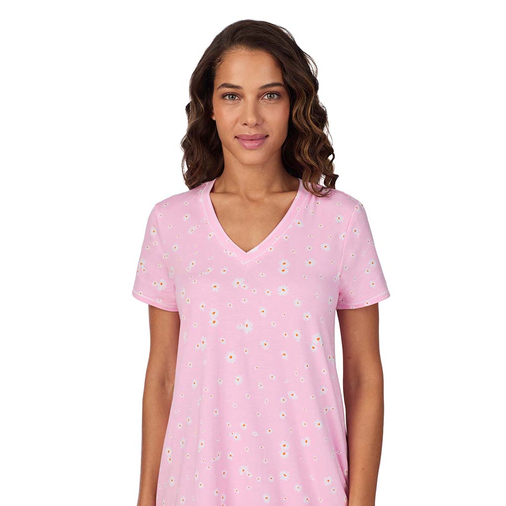 Pink Daisy; Model is wearing size S. She is 5’9”, Bust 34”, Waist 23”, Hips 35”. @A lady wearing Cotton-Blend Short Sleeve V-Neck Sleep Shirt
