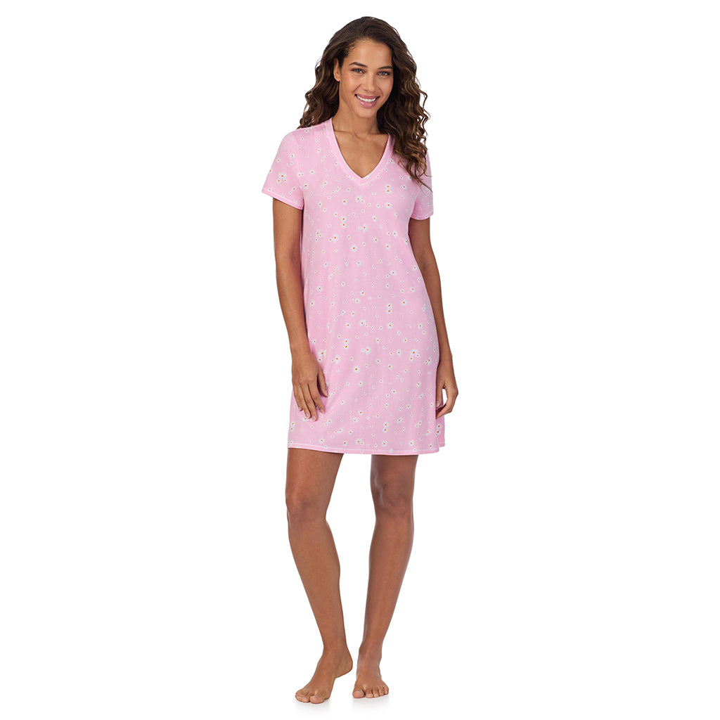 Pink Daisy; Model is wearing size S. She is 5’9”, Bust 34”, Waist 23”, Hips 35”. @A lady wearing Cotton-Blend Short Sleeve V-Neck Sleep Shirt