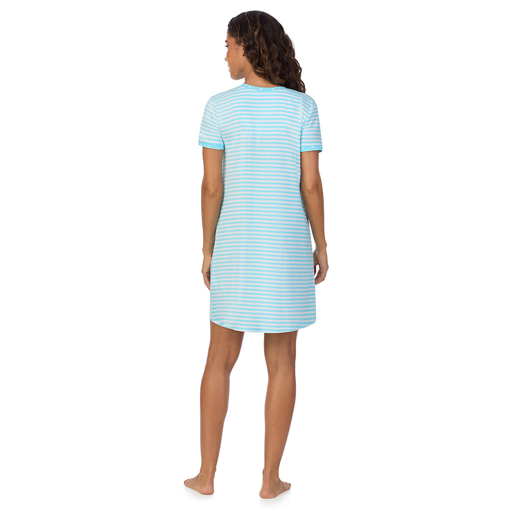 Aqua Stripe; Model is wearing size S. She is 5’9”, Bust 34”, Waist 23”, Hips 35”. @A lady wearing Cotton-Blend Short Sleeve V-Neck Sleep Shirt