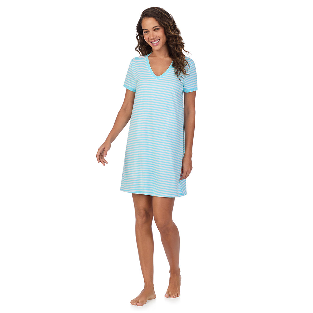 Aqua Stripe; Model is wearing size S. She is 5’9”, Bust 34”, Waist 23”, Hips 35”. @A lady wearing Cotton-Blend Short Sleeve V-Neck Sleep Shirt