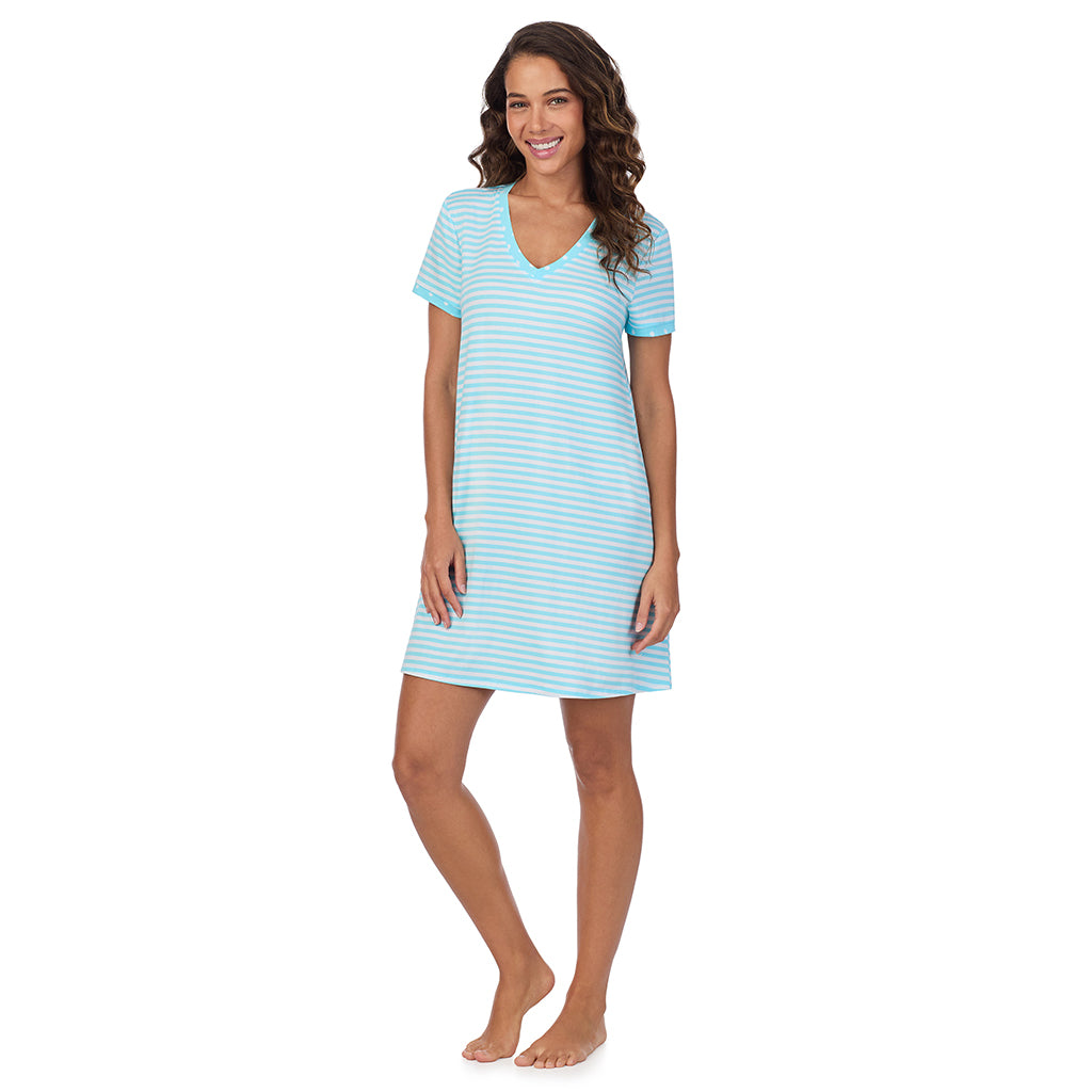 Aqua Stripe; Model is wearing size S. She is 5’9”, Bust 34”, Waist 23”, Hips 35”. @A lady wearing Cotton-Blend Short Sleeve V-Neck Sleep Shirt