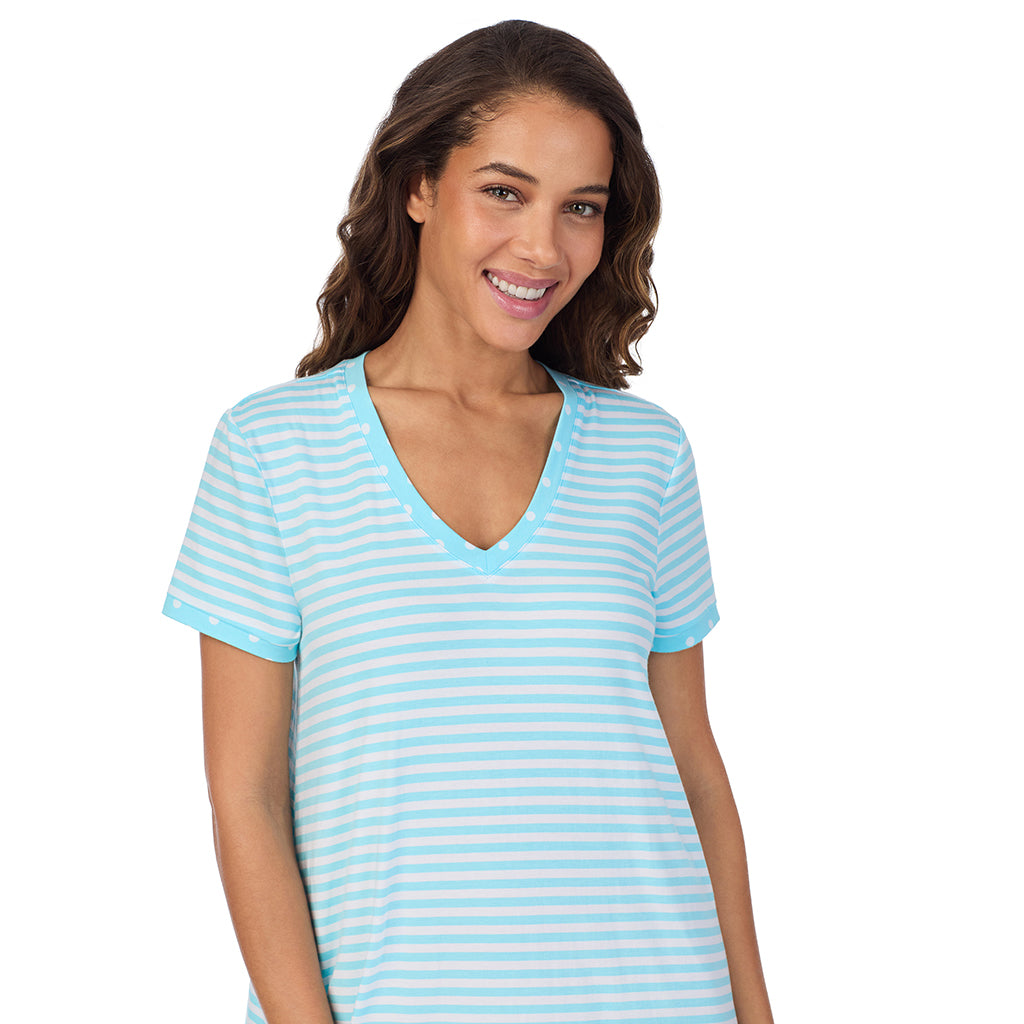 Aqua Stripe; Model is wearing size S. She is 5’9”, Bust 34”, Waist 23”, Hips 35”. @A lady wearing Cotton-Blend Short Sleeve V-Neck Sleep Shirt
