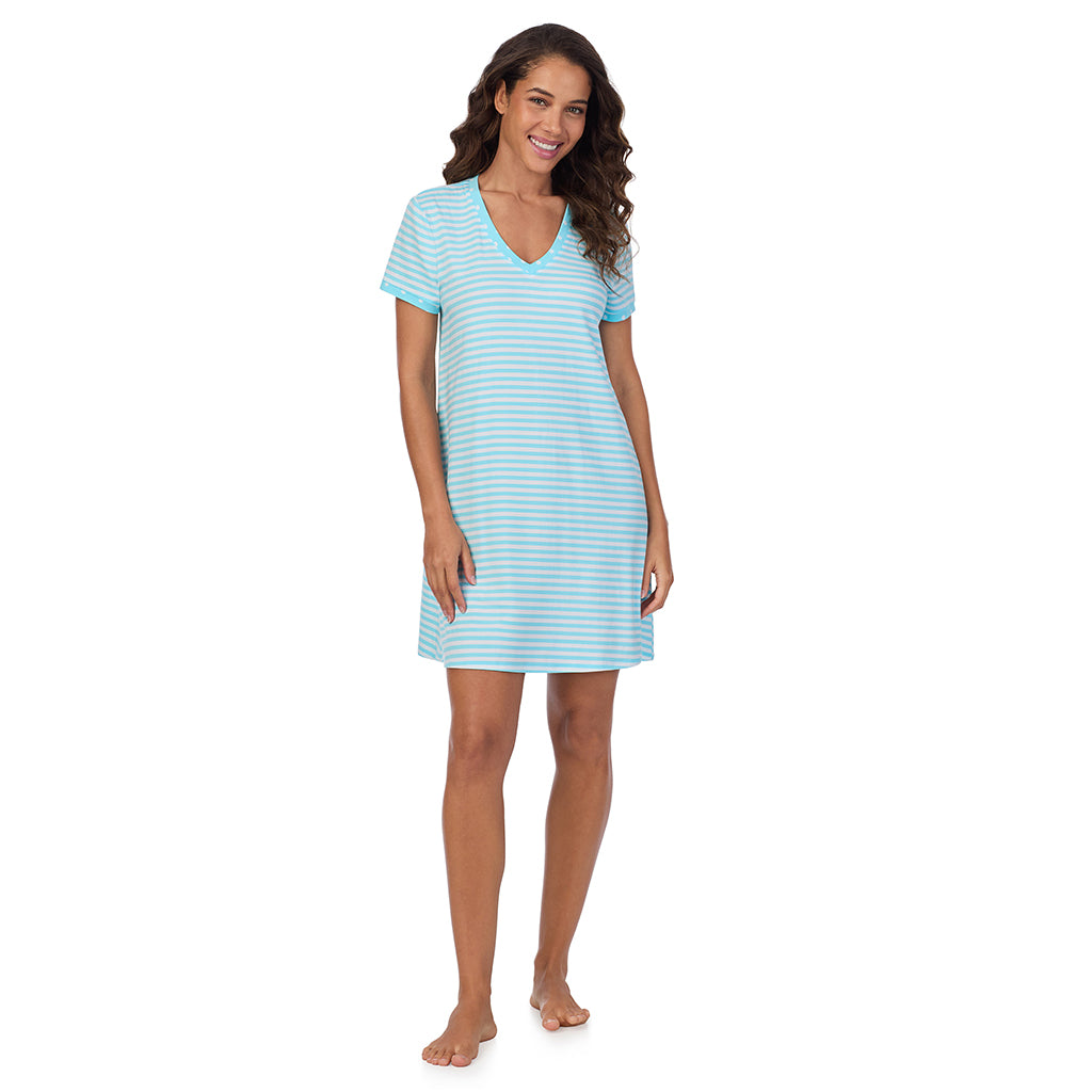 Aqua Stripe; Model is wearing size S. She is 5’9”, Bust 34”, Waist 23”, Hips 35”. @A lady wearing Cotton-Blend Short Sleeve V-Neck Sleep Shirt