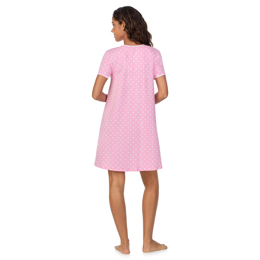 Pink Dots; Model is wearing size S. She is 5’9”, Bust 34”, Waist 23”, Hips 35”. @A lady wearing Cotton-Blend Short Sleeve V-Neck Sleep Shirt