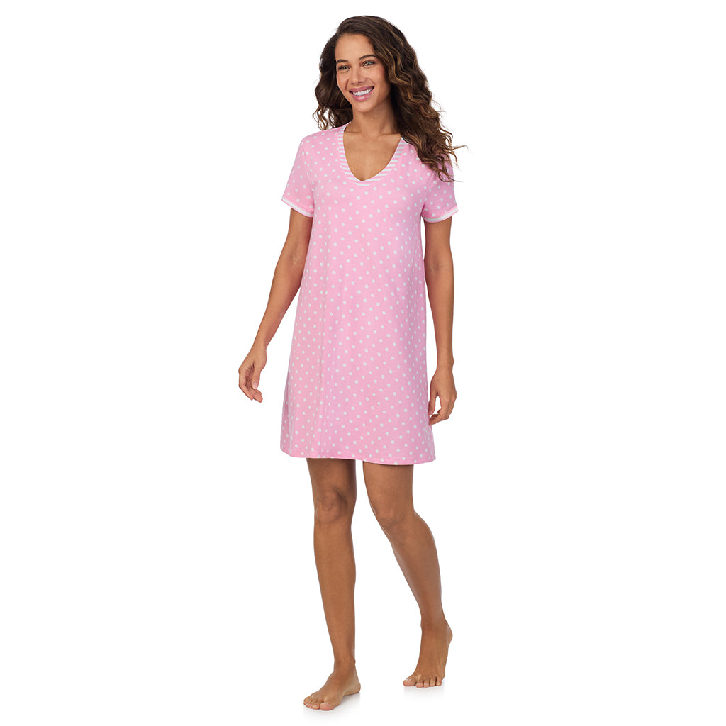Pink Dots; Model is wearing size S. She is 5’9”, Bust 34”, Waist 23”, Hips 35”. @A lady wearing Cotton-Blend Short Sleeve V-Neck Sleep Shirt