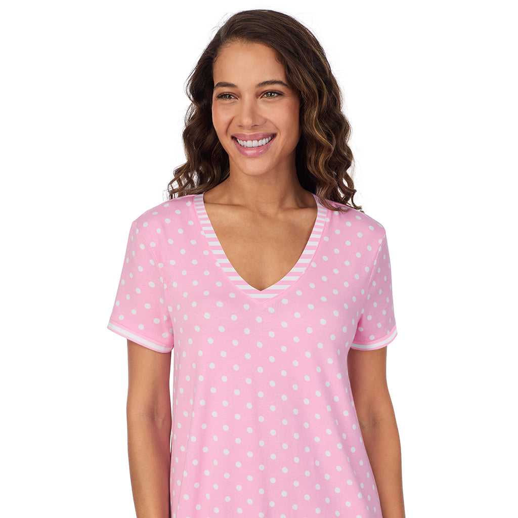 Pink Dots; Model is wearing size S. She is 5’9”, Bust 34”, Waist 23”, Hips 35”. @A lady wearing Cotton-Blend Short Sleeve V-Neck Sleep Shirt