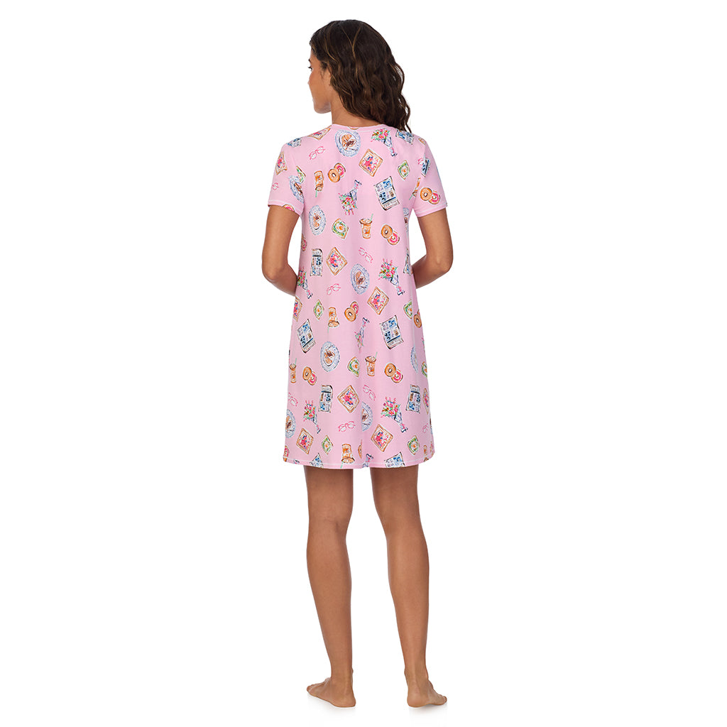 Pink Breakfast; Model is wearing size S. She is 5’9”, Bust 34”, Waist 23”, Hips 35”. @A lady wearing Cotton-Blend Short Sleeve V-Neck Sleep Shirt