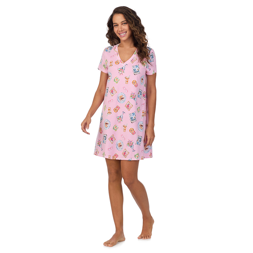 Pink Breakfast; Model is wearing size S. She is 5’9”, Bust 34”, Waist 23”, Hips 35”. @A lady wearing Cotton-Blend Short Sleeve V-Neck Sleep Shirt