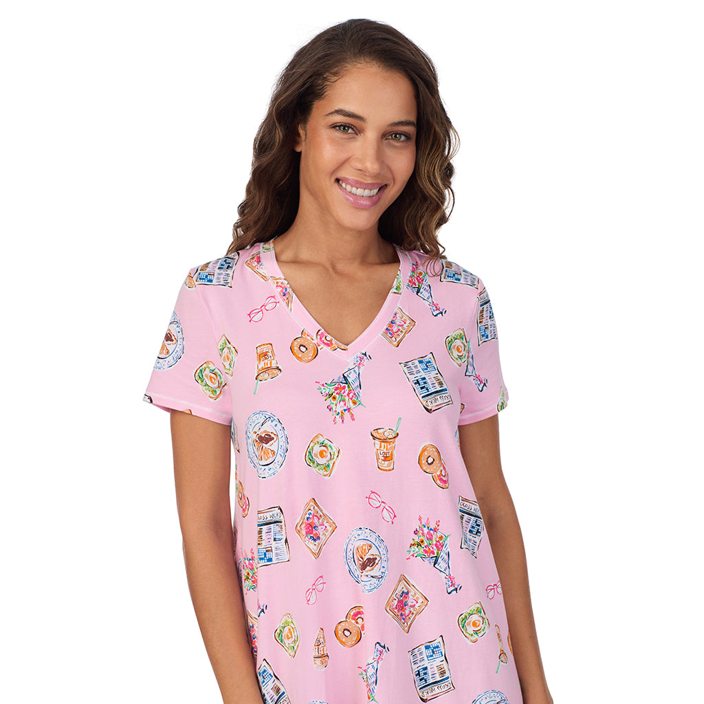 Pink Breakfast; Model is wearing size S. She is 5’9”, Bust 34”, Waist 23”, Hips 35”. @A lady wearing Cotton-Blend Short Sleeve V-Neck Sleep Shirt