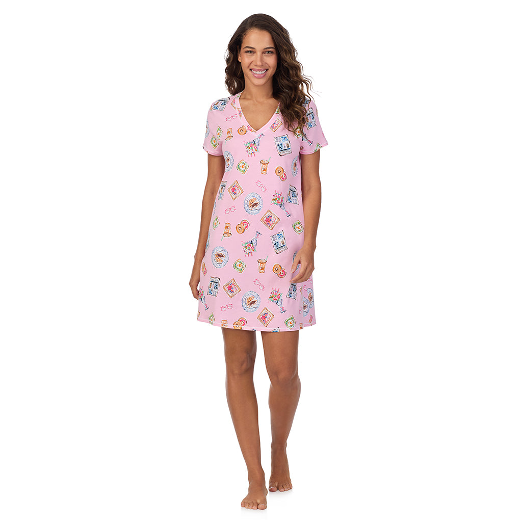 Pink Breakfast; Model is wearing size S. She is 5’9”, Bust 34”, Waist 23”, Hips 35”. @A lady wearing Cotton-Blend Short Sleeve V-Neck Sleep Shirt