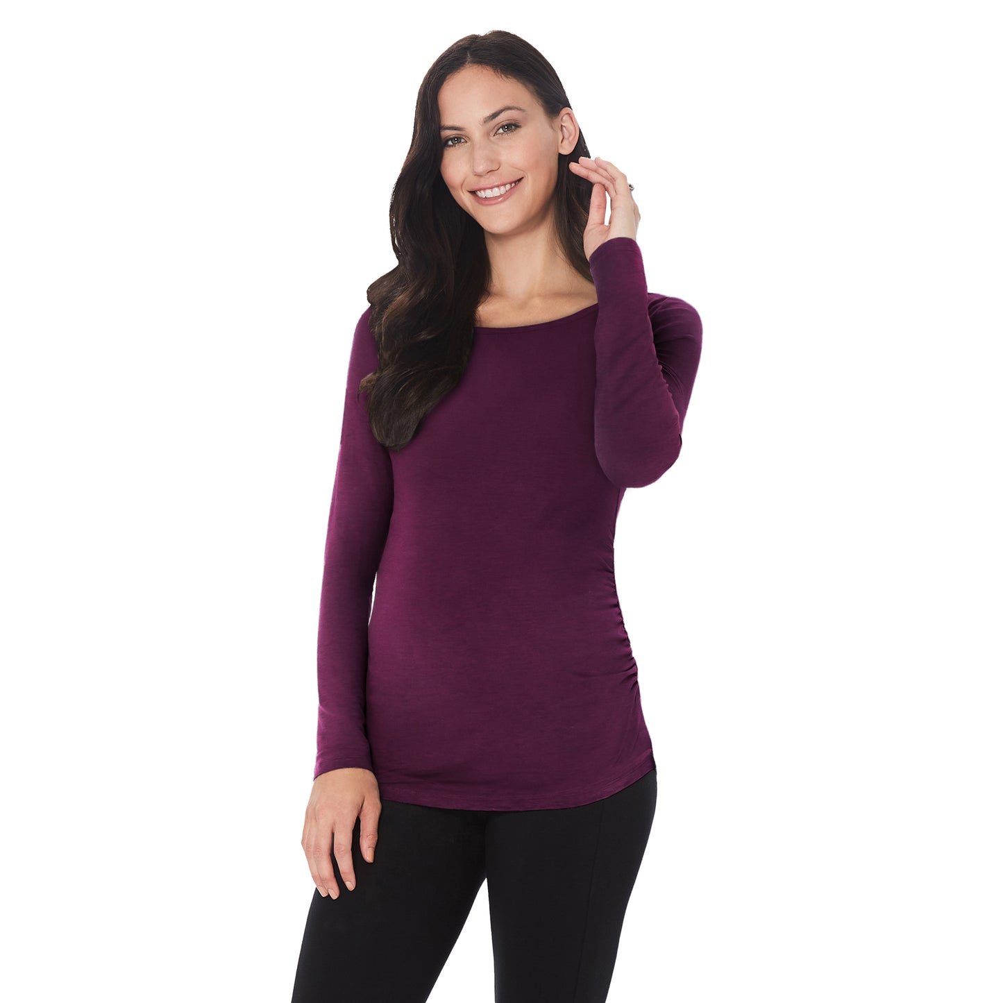 Purple Beet; Model is wearing size S. She is 5’11”, Bust 34”, Waist 25”, Hips 36.5”. @A lady wearing purple beet long sleeve maternity ballet neck top. #Model is wearing a maternity bump.