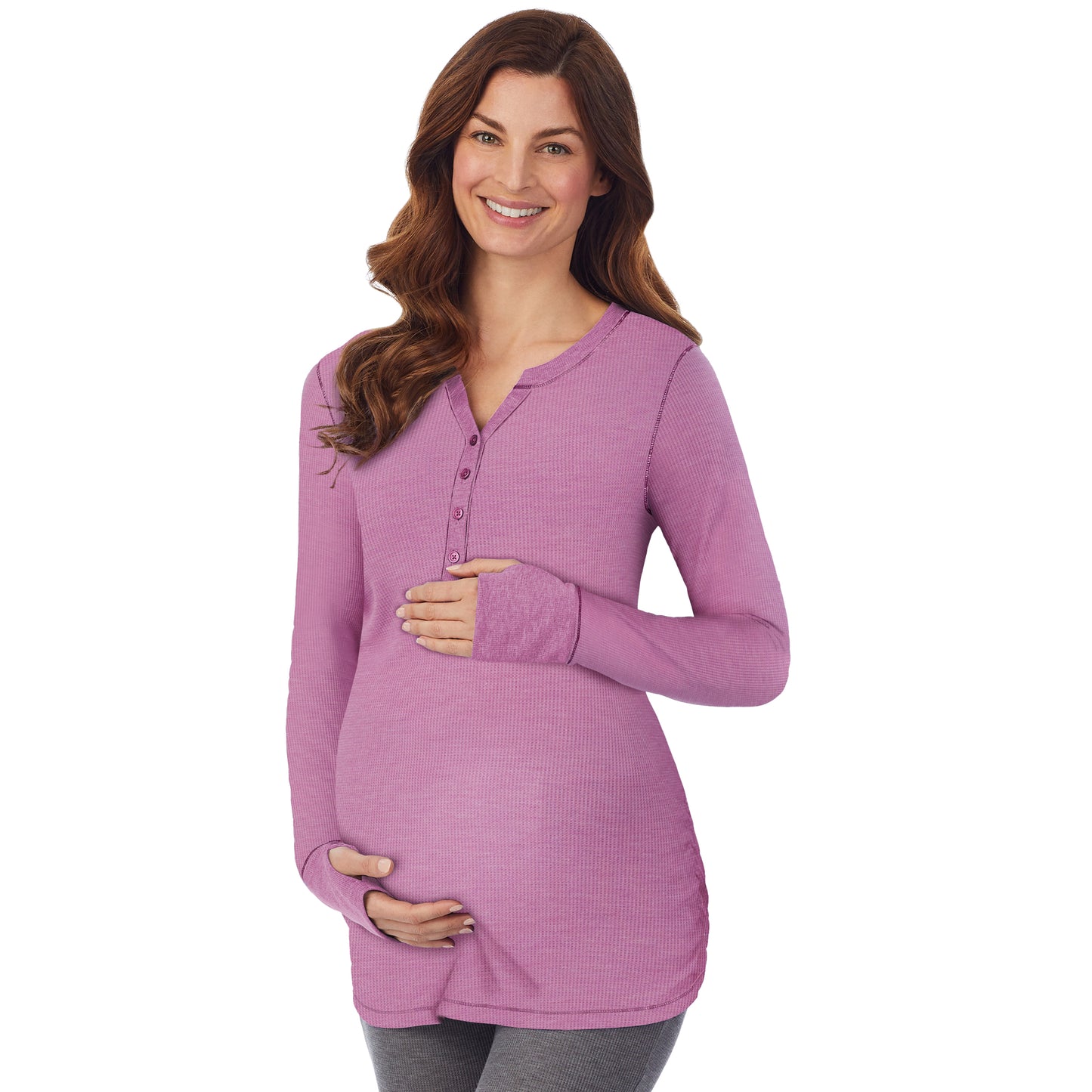 Mulberry Mist Heather; Model is wearing size S. She is 5’9”, Bust 34”, Waist 24.5”, Hips 36.5”. @A lady wearing a Mulberry Mist Heather long sleeve split V-Neck henley. #Model is wearing a maternity bump.
