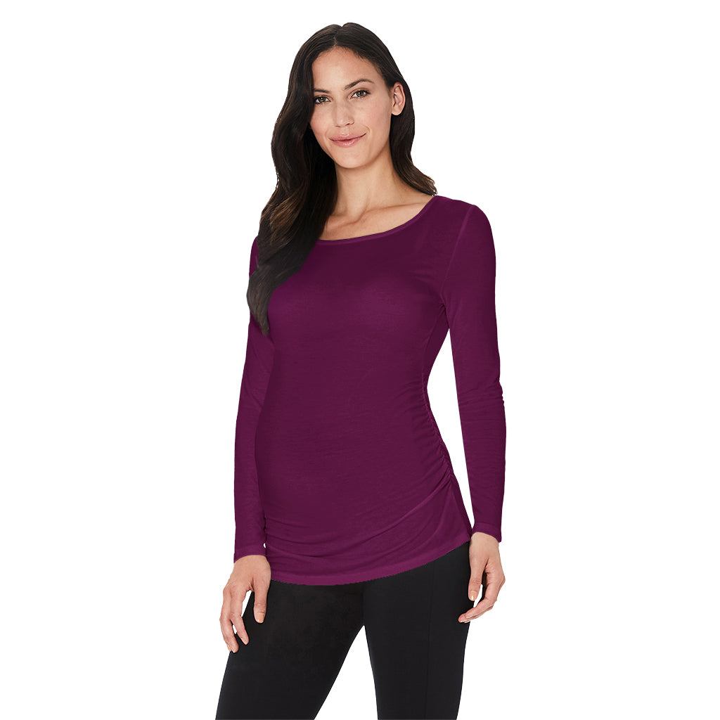 Dark Purple;Model is wearing size S. She is 5’11”, Bust 34”, Waist 25”, Hips 36.5”. *Model is wearing a maternity bump.@ A lady wearing Softwear with Stretch Maternity Ballet Neck Top with Boysenberry print