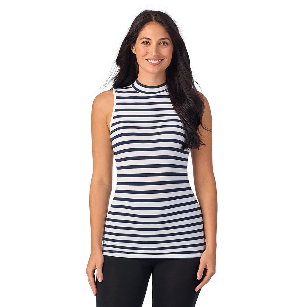 Navy White Stripe;Model is wearing size S. She is 5’9”, Bust 34”, Waist 23”, Hips 35”. @A lady wearing Cotton-Blend Short Sleeve Notch Collar with Cropped Pant Pajama Set