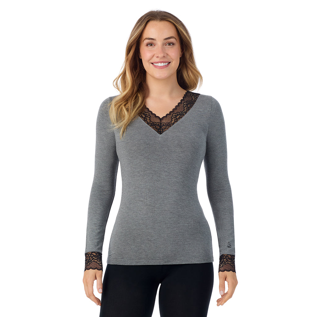Charcoal Heather;Model is wearing size S. She is 5'11.5", Bust 34", Waist 26", Hips 37".@A lady is wearing Softwear With Stretch Long Sleeve V-Neck With Lace