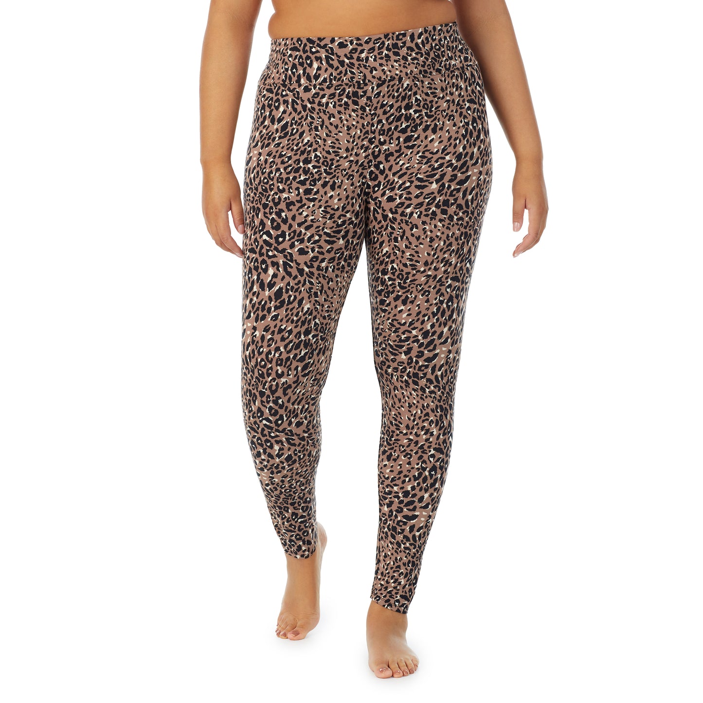 Pecan Leopard; Model is wearing size 1X. She is 5'11", Bust 36", Waist 36.5", Hips 47.5". @A lady wearing a Pecan Leopard high waist legging plus.