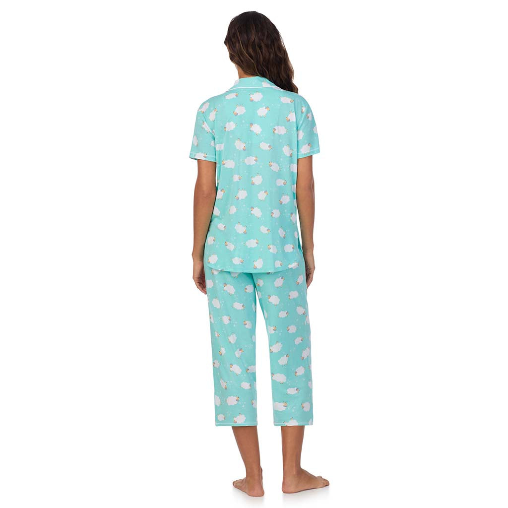 Sheep; Model is wearing size S. She is 5’9”, Bust 34”, Waist 23”, Hips 35”. @A lady wearing Cotton-Blend Short Sleeve Notch Collar 2-Pc Pajama Set