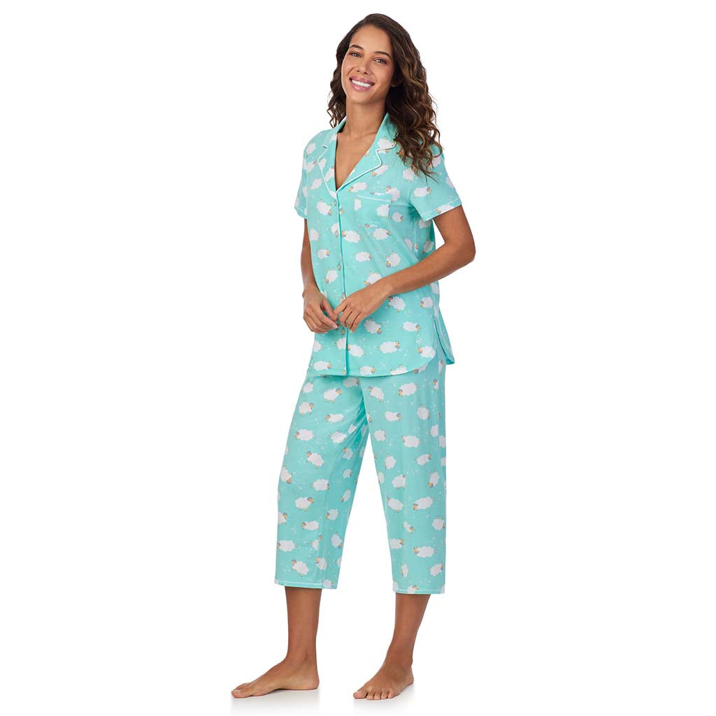 Sheep; Model is wearing size S. She is 5’9”, Bust 34”, Waist 23”, Hips 35”. @A lady wearing Cotton-Blend Short Sleeve Notch Collar 2-Pc Pajama Set