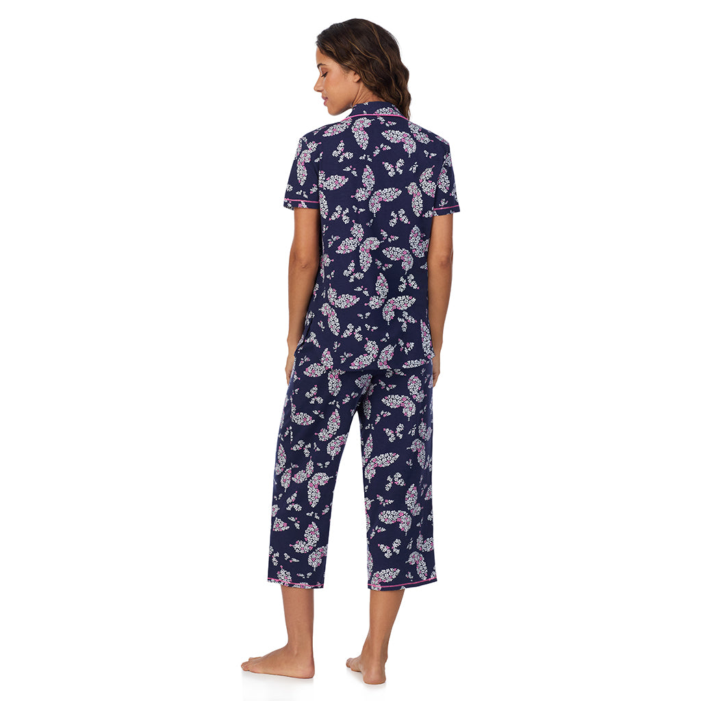 Navy Butterfly Floral; Model is wearing size S. She is 5’9”, Bust 34”, Waist 23”, Hips 35”. @A lady wearing Cotton-Blend Short Sleeve Notch Collar 2-Pc Pajama Set