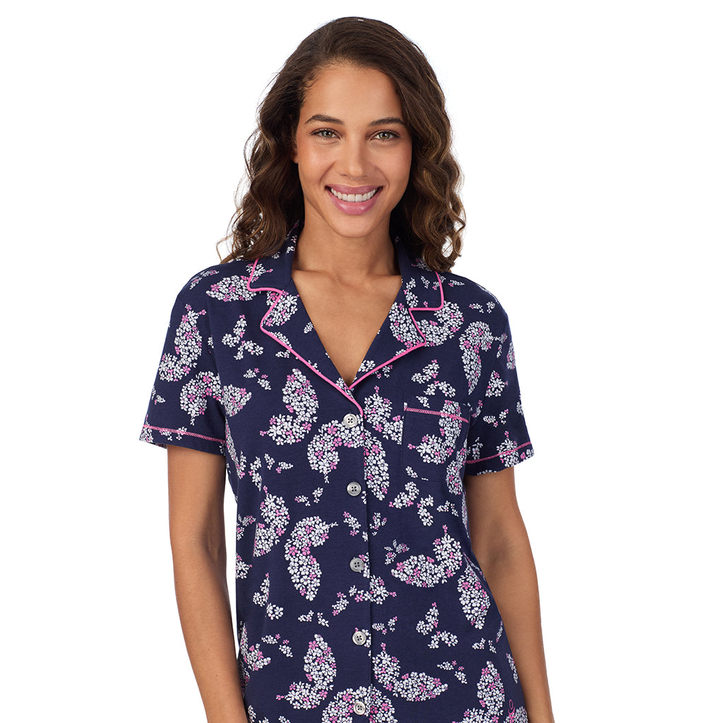 Navy Butterfly Floral; Model is wearing size S. She is 5’9”, Bust 34”, Waist 23”, Hips 35”. @A lady wearing Cotton-Blend Short Sleeve Notch Collar 2-Pc Pajama Set