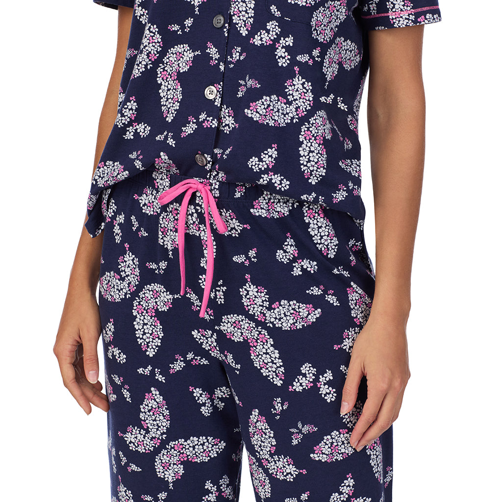 Navy Butterfly Floral; Model is wearing size S. She is 5’9”, Bust 34”, Waist 23”, Hips 35”. @A lady wearing Cotton-Blend Short Sleeve Notch Collar 2-Pc Pajama Set