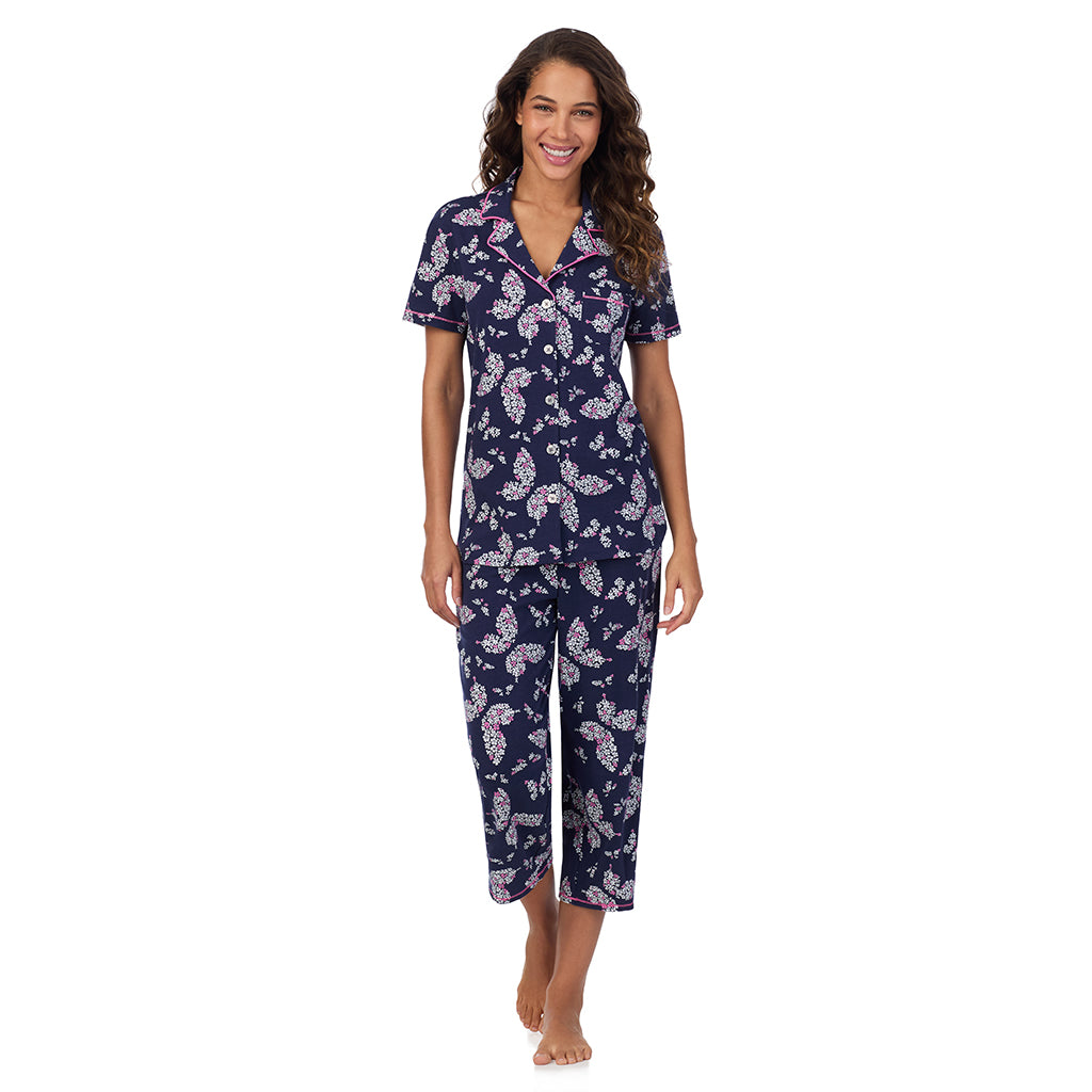 Navy Butterfly Floral; Model is wearing size S. She is 5’9”, Bust 34”, Waist 23”, Hips 35”. @A lady wearing Cotton-Blend Short Sleeve Notch Collar 2-Pc Pajama Set