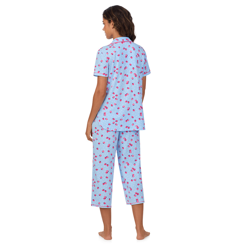 Strawberry; Model is wearing size S. She is 5’9”, Bust 34”, Waist 23”, Hips 35”. @A lady wearing Cotton-Blend Short Sleeve Notch Collar 2-Pc Pajama Set