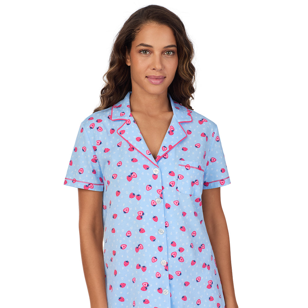 Strawberry; Model is wearing size S. She is 5’9”, Bust 34”, Waist 23”, Hips 35”. @A lady wearing Cotton-Blend Short Sleeve Notch Collar 2-Pc Pajama Set