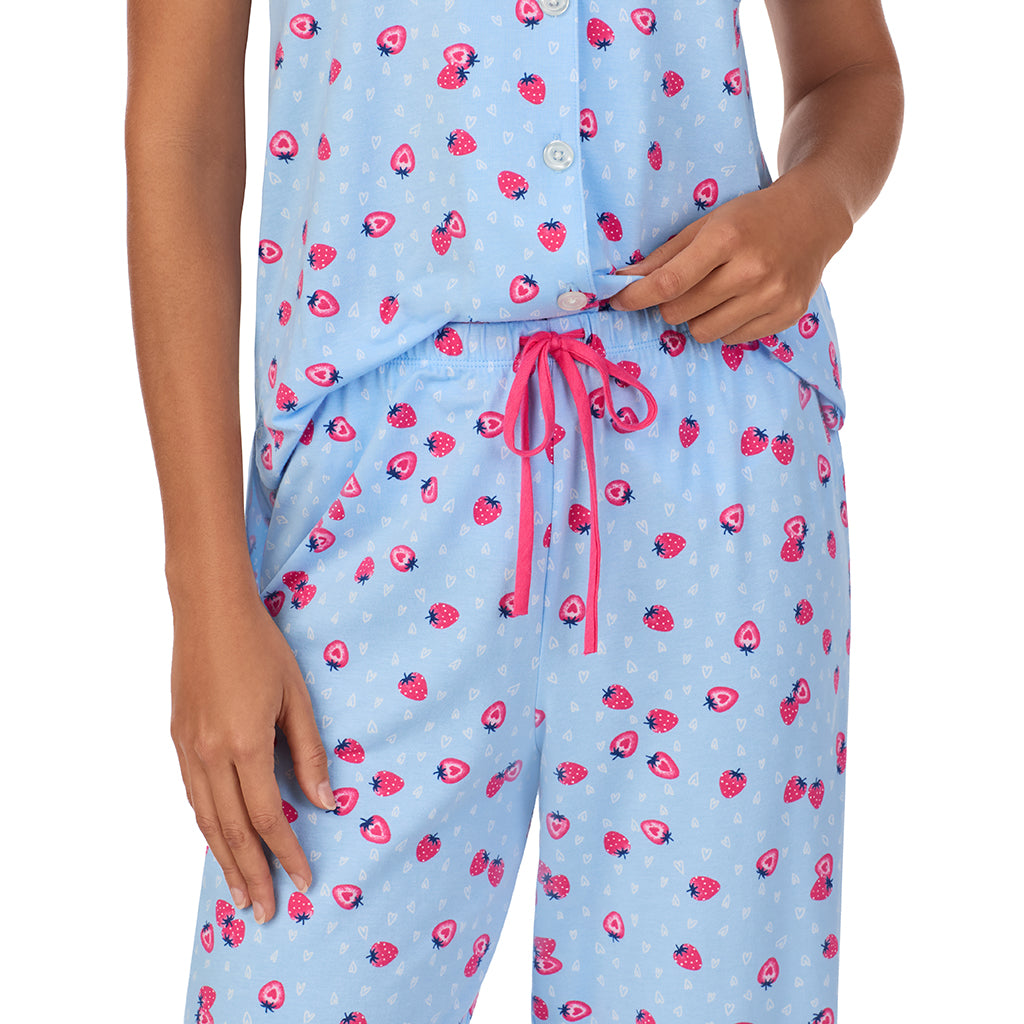 Strawberry; Model is wearing size S. She is 5’9”, Bust 34”, Waist 23”, Hips 35”. @A lady wearing Cotton-Blend Short Sleeve Notch Collar 2-Pc Pajama Set