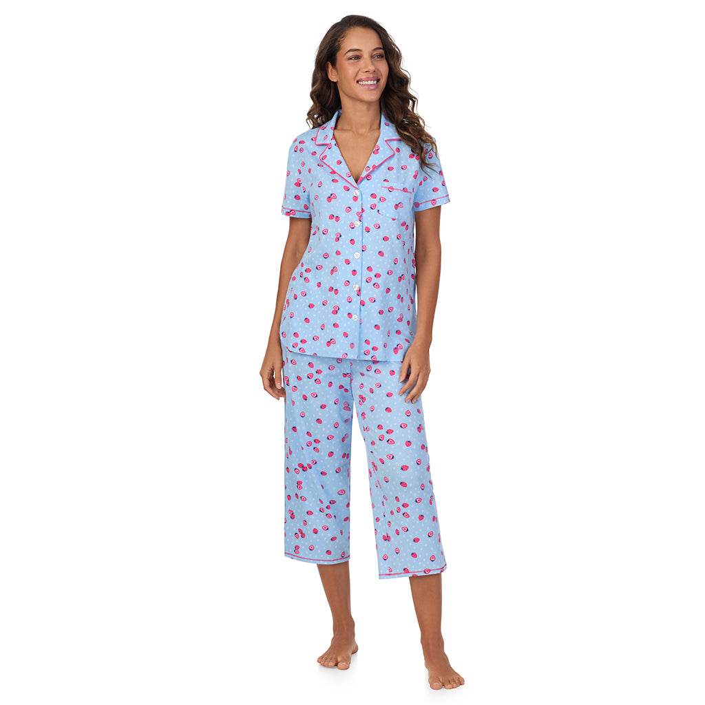 Strawberry; Model is wearing size S. She is 5’9”, Bust 34”, Waist 23”, Hips 35”. @A lady wearing Cotton-Blend Short Sleeve Notch Collar 2-Pc Pajama Set