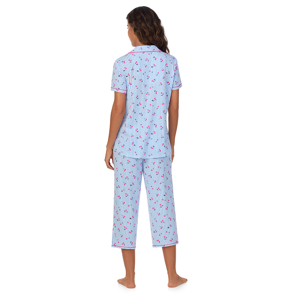 Cherry Stripe; Model is wearing size S. She is 5’9”, Bust 34”, Waist 23”, Hips 35”. @A lady wearing Cotton-Blend Short Sleeve Notch Collar 2-Pc Pajama Set