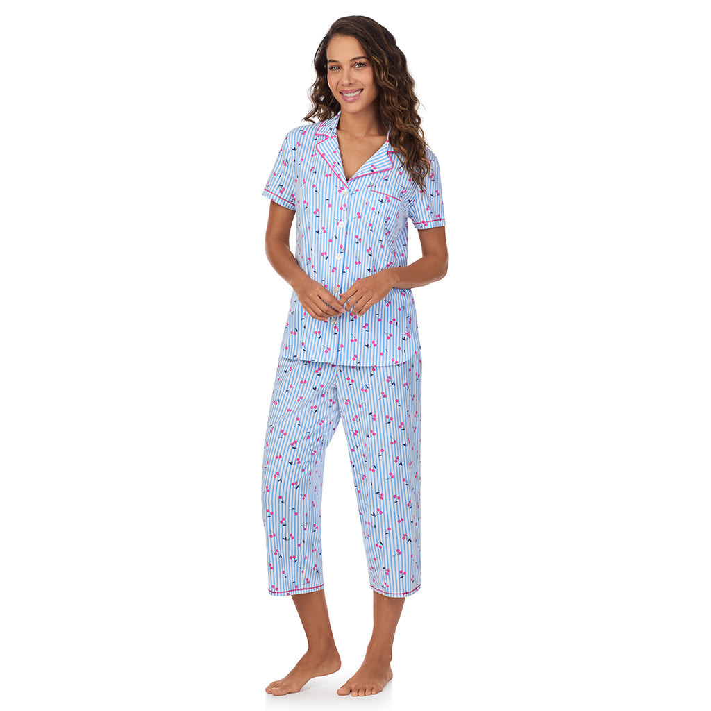 Cherry Stripe; Model is wearing size S. She is 5’9”, Bust 34”, Waist 23”, Hips 35”. @A lady wearing Cotton-Blend Short Sleeve Notch Collar 2-Pc Pajama Set