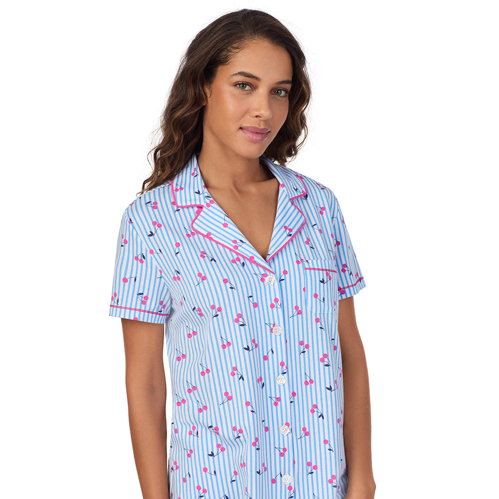 Cherry Stripe; Model is wearing size S. She is 5’9”, Bust 34”, Waist 23”, Hips 35”. @A lady wearing Cotton-Blend Short Sleeve Notch Collar 2-Pc Pajama Set