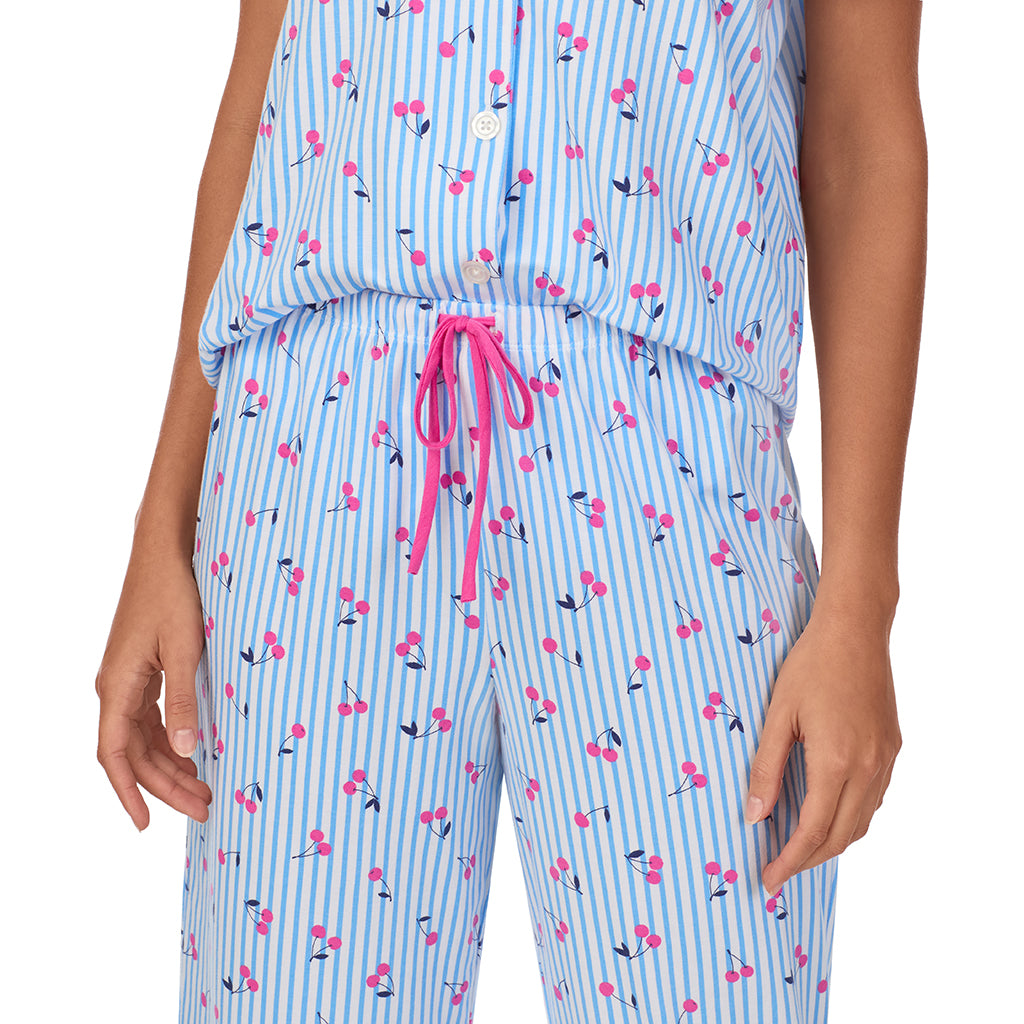 Cherry Stripe; Model is wearing size S. She is 5’9”, Bust 34”, Waist 23”, Hips 35”. @A lady wearing Cotton-Blend Short Sleeve Notch Collar 2-Pc Pajama Set