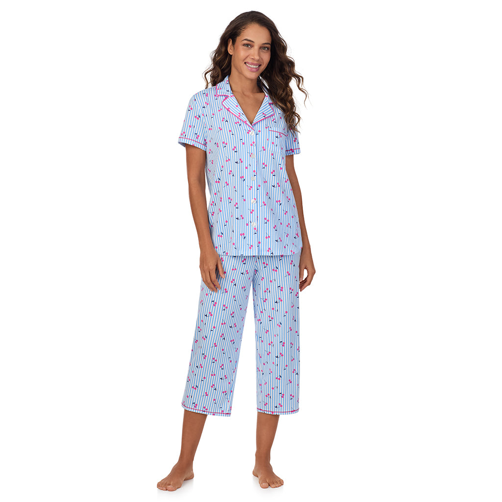 Cherry Stripe; Model is wearing size S. She is 5’9”, Bust 34”, Waist 23”, Hips 35”. @A lady wearing Cotton-Blend Short Sleeve Notch Collar 2-Pc Pajama Set