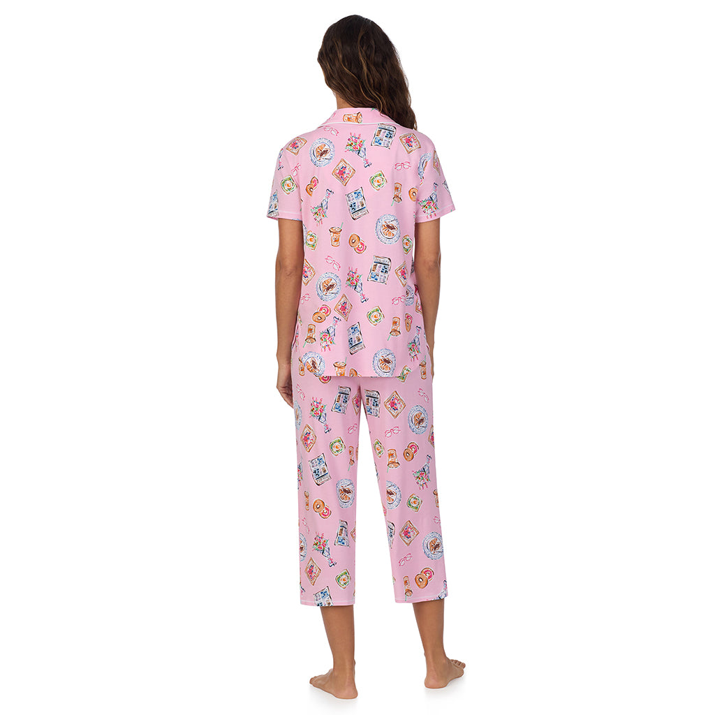 Pink Breakfast; Model is wearing size S. She is 5’9”, Bust 34”, Waist 23”, Hips 35”. @A lady wearing Cotton-Blend Short Sleeve Notch Collar 2-Pc Pajama Set