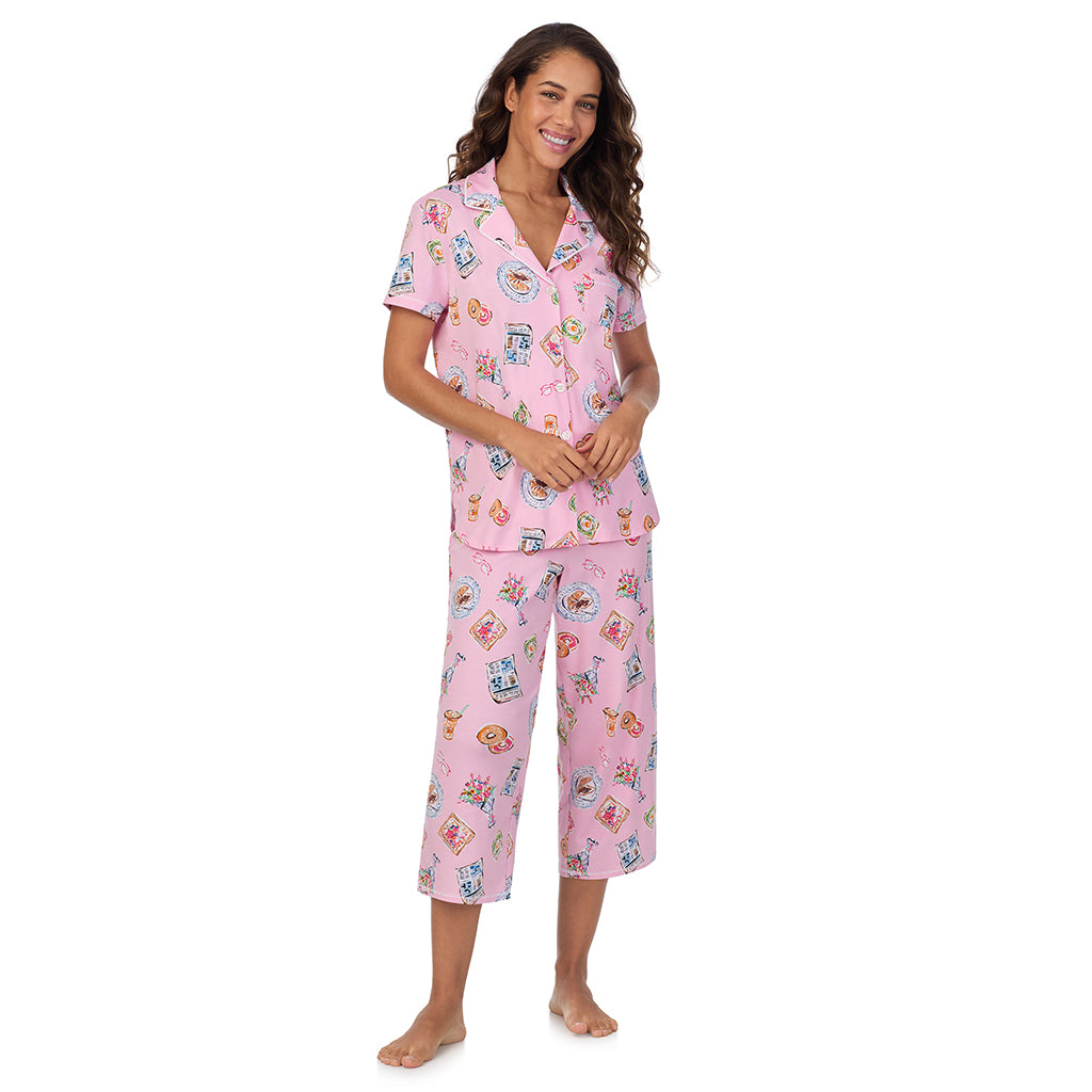 Pink Breakfast; Model is wearing size S. She is 5’9”, Bust 34”, Waist 23”, Hips 35”. @A lady wearing Cotton-Blend Short Sleeve Notch Collar 2-Pc Pajama Set