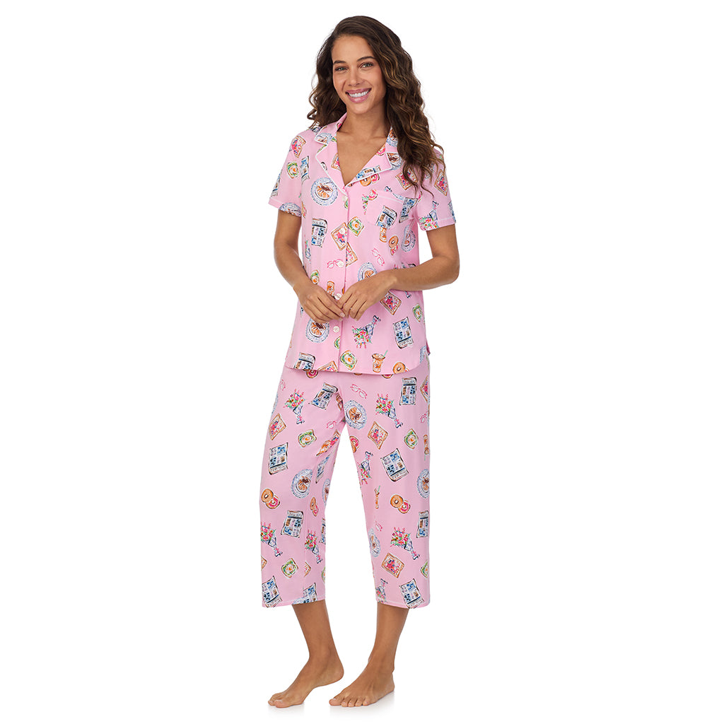 Pink Breakfast; Model is wearing size S. She is 5’9”, Bust 34”, Waist 23”, Hips 35”. @A lady wearing Cotton-Blend Short Sleeve Notch Collar 2-Pc Pajama Set